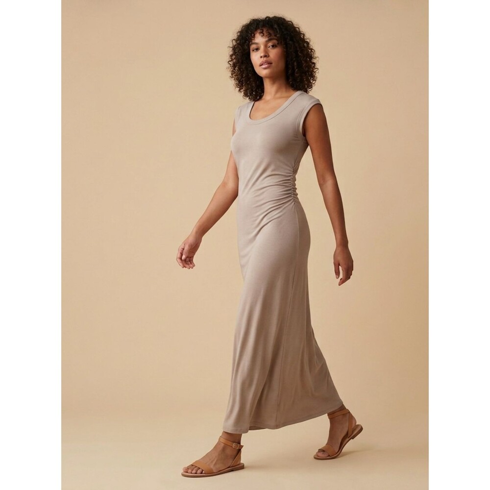 NWT OGL Ruched Sleeveless Maxi Dress Beige Size M Padded Bust Lined Sustainable